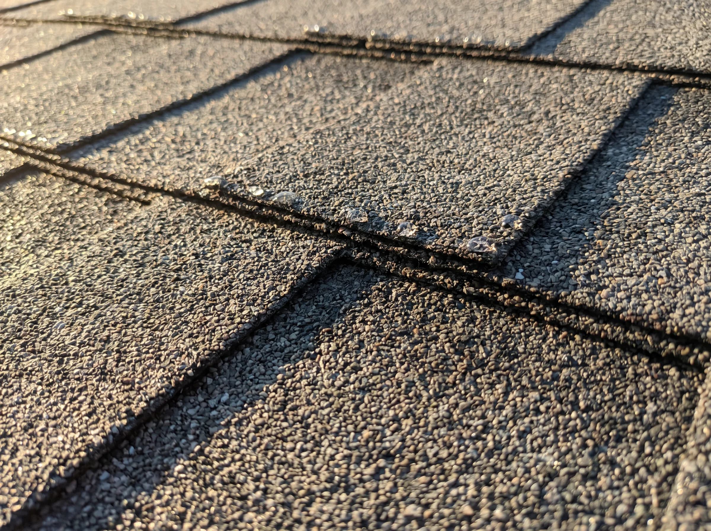 Asphalt shingle granules and course lines in raking light, illustrative