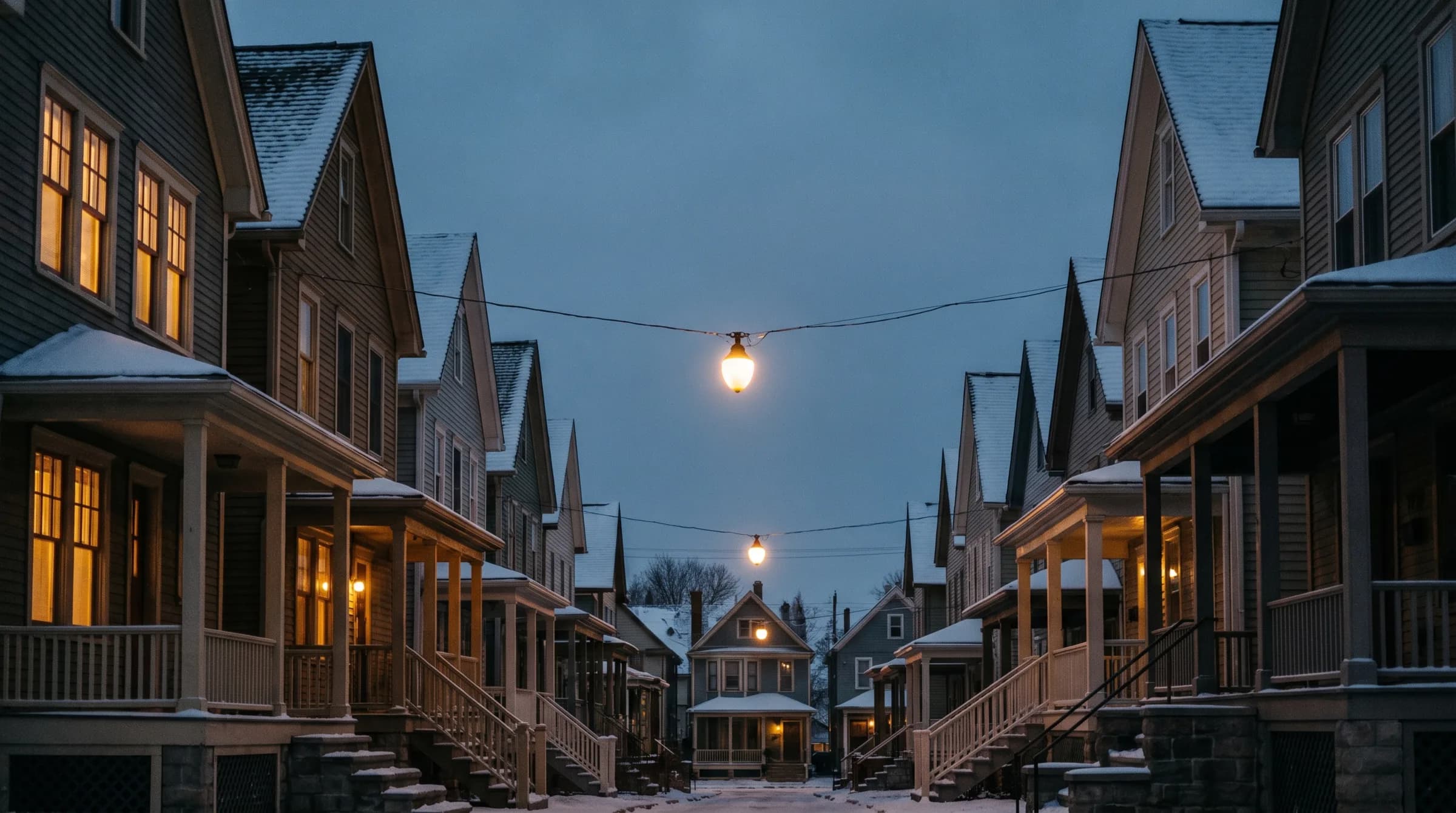 Evening light over rows of historic homes on a Buffalo street, illustrative