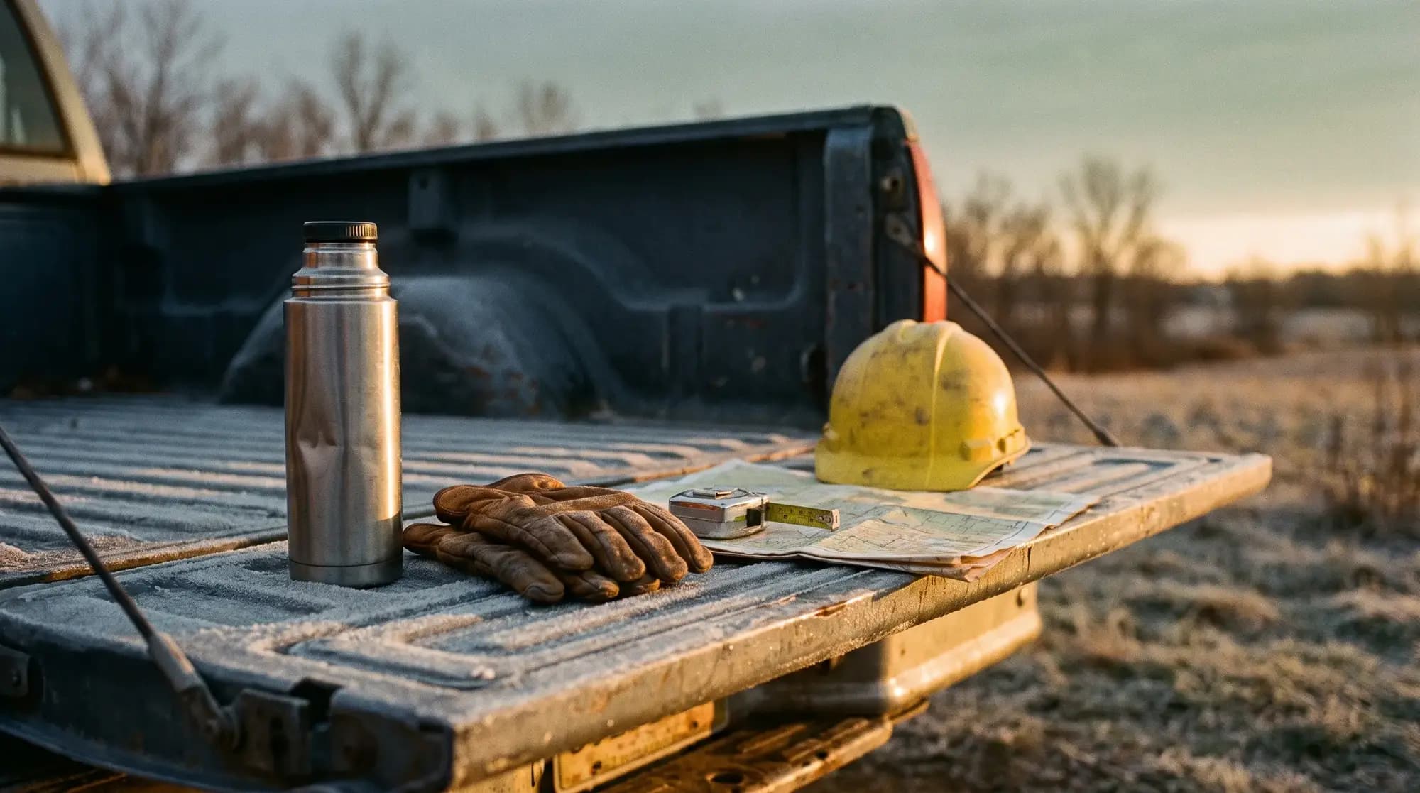 A frosted pickup tailgate at first light with a thermos, work gloves, tape measure, and hard hat, illustrative