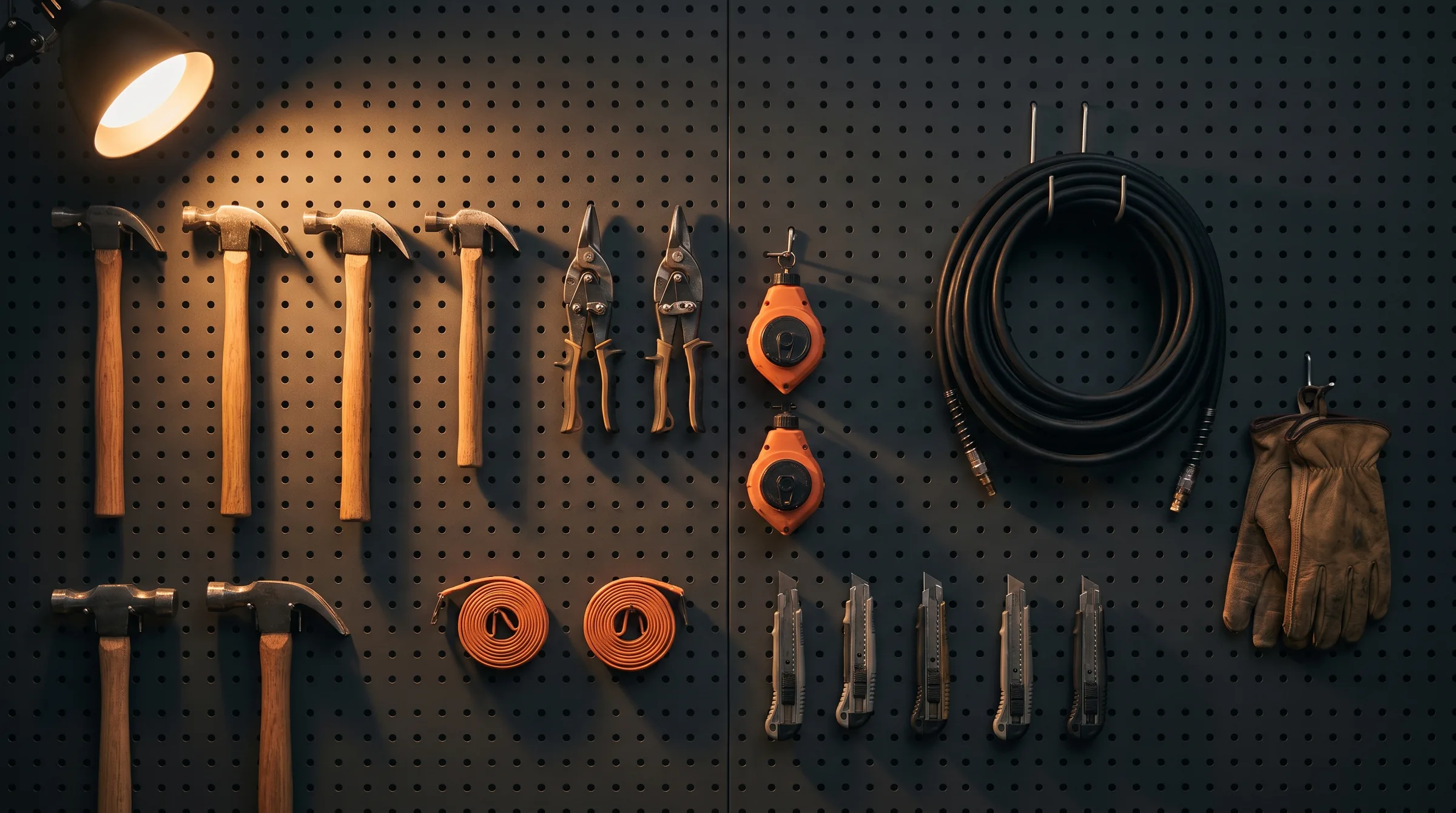 Roofing hand tools hung squared on a workshop pegboard wall, illustrative
