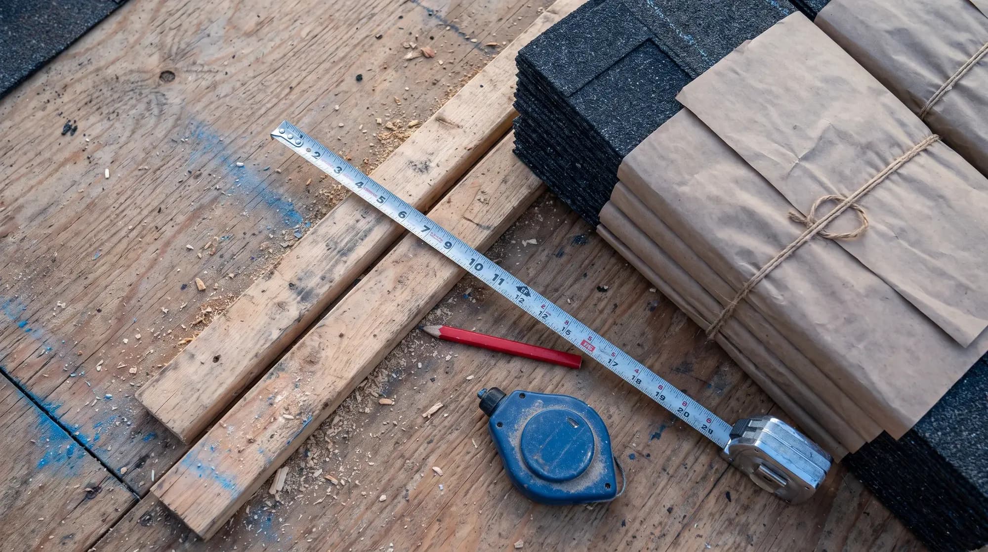 A tape measure stretched across roof decking beside a carpenter pencil, chalk line reel, and paper wrapped shingle bundles, illustrative