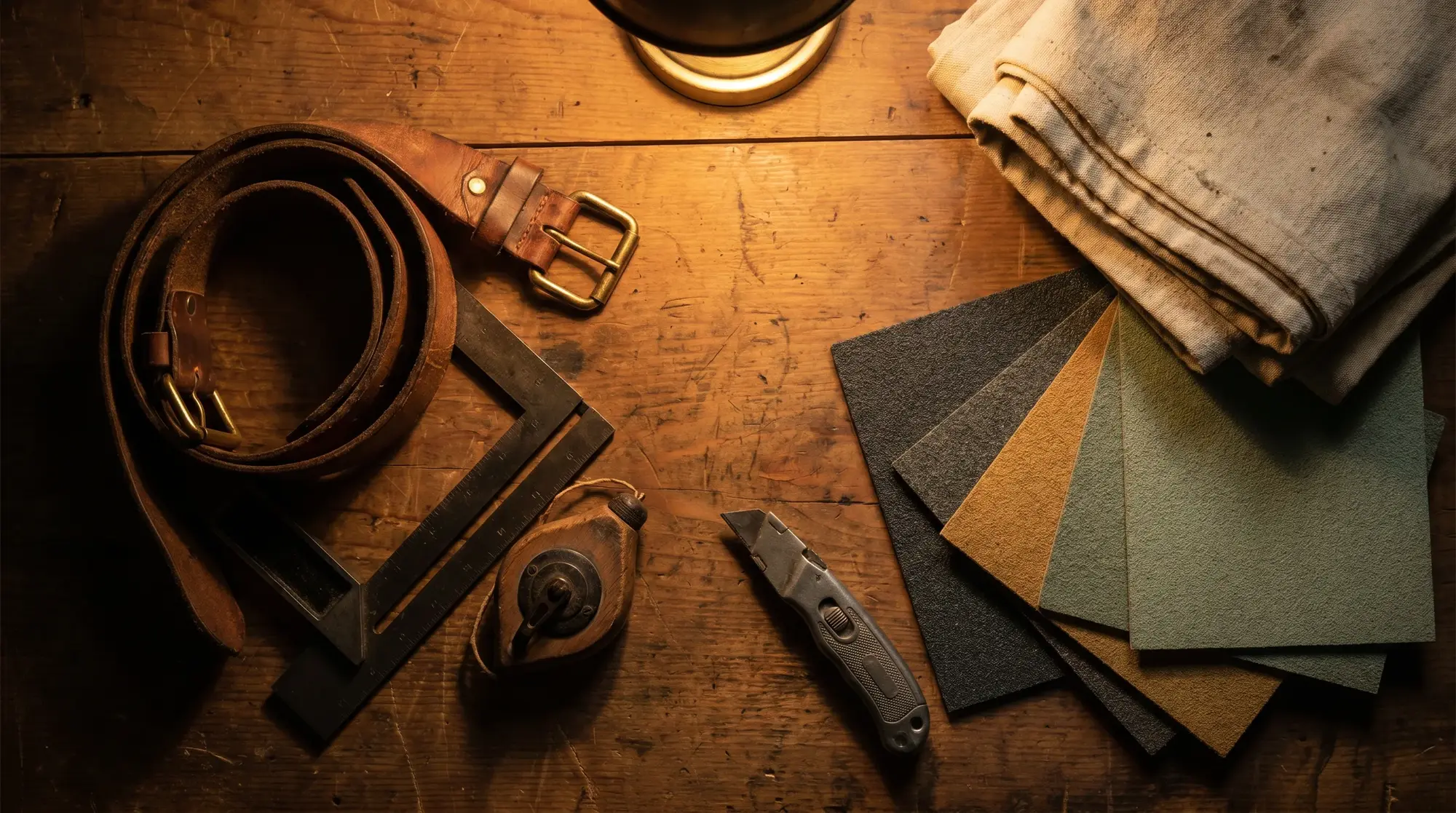 A roofing contractor's workbench under lamp light: leather tool belt, framing square, chalk line reel, utility knife, and fanned shingle color samples, illustrative