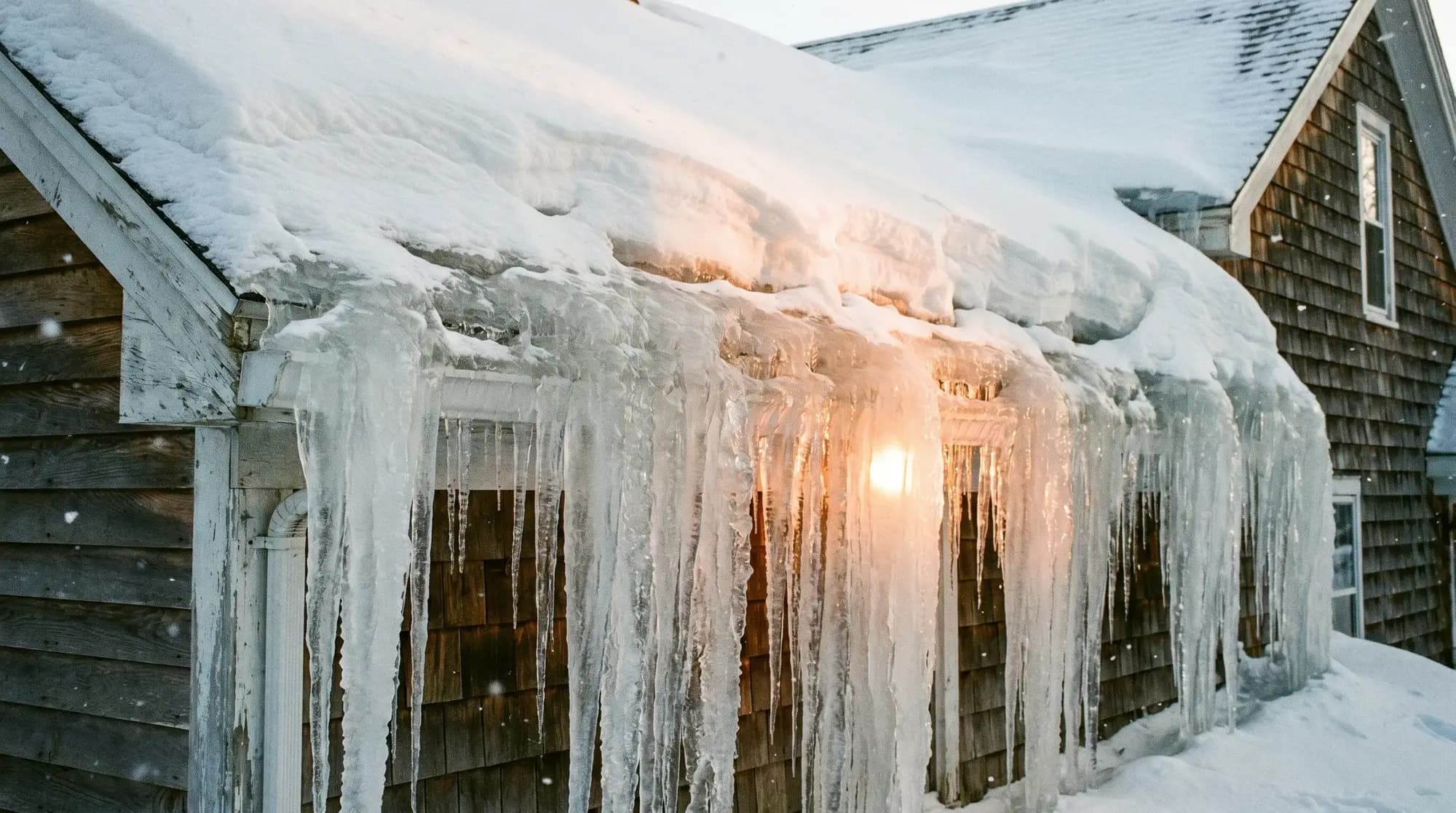 A heavy ice dam and icicles along a snow-loaded roof eave, illustrative