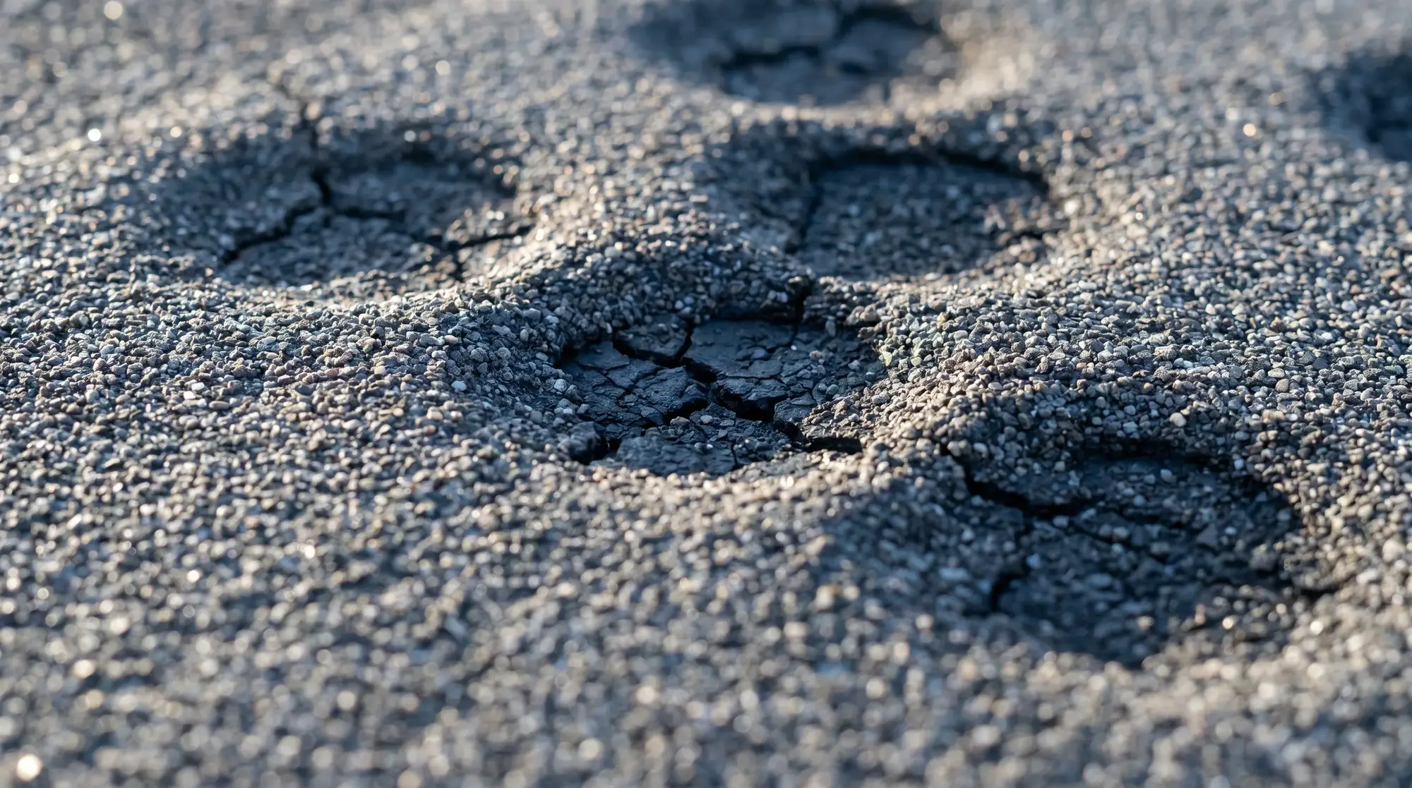 Close-up of hail impact bruising and granule loss on asphalt shingles, illustrative
