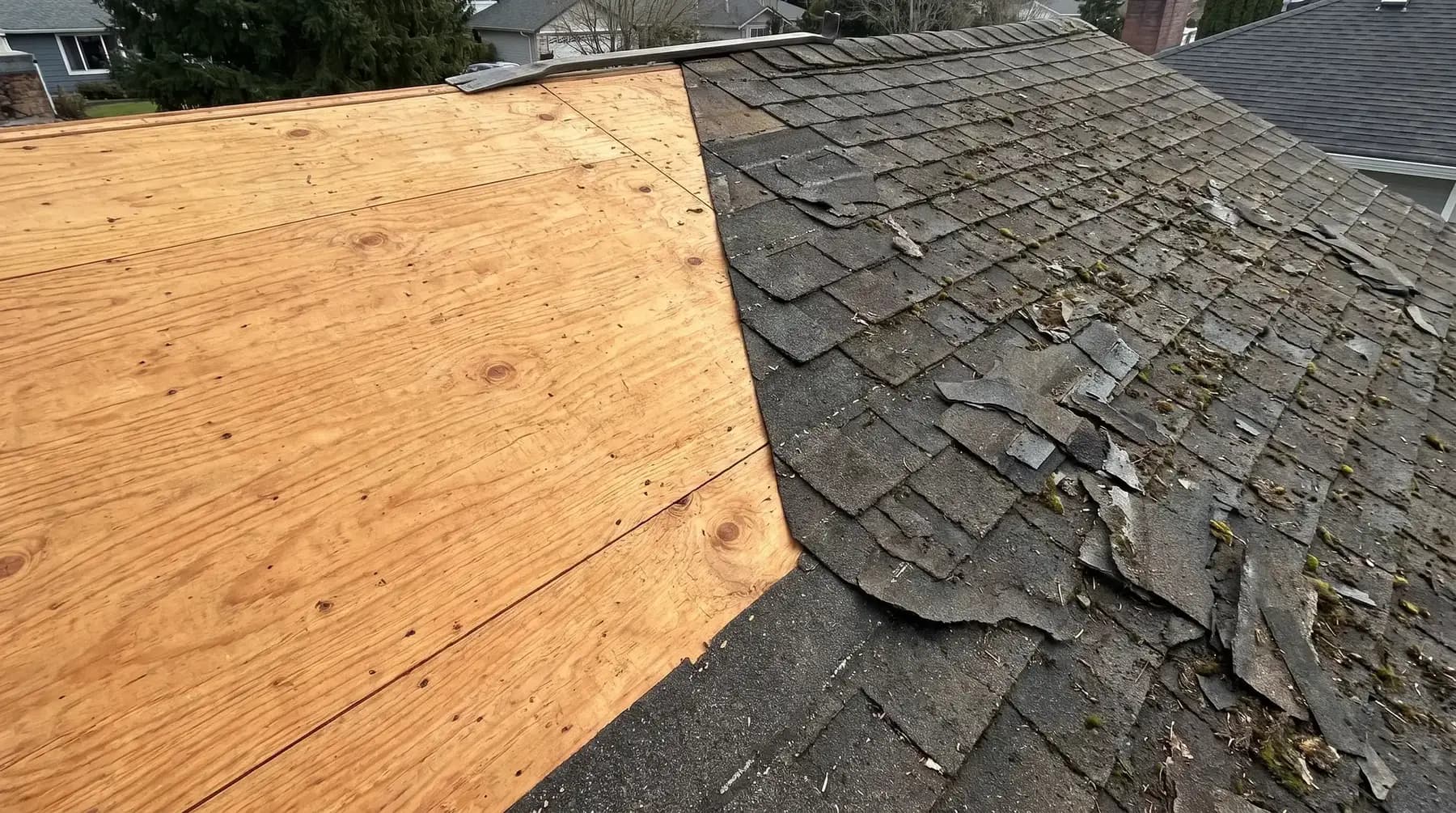 A roof mid tear-off, half still under worn shingles and half stripped to bare deck, illustrative