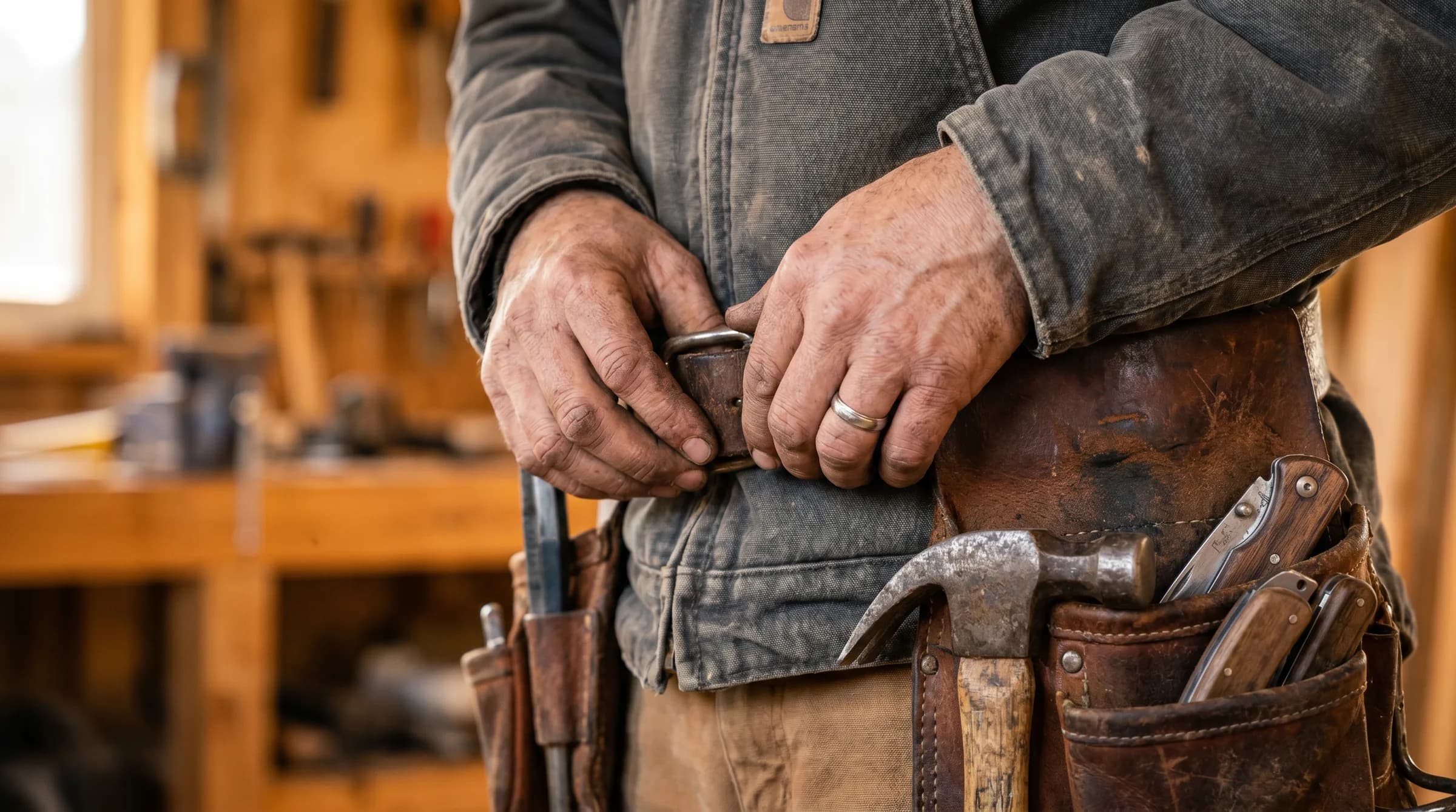 Worn leather work gloves and a tool belt resting on fresh shingle courses, illustrative