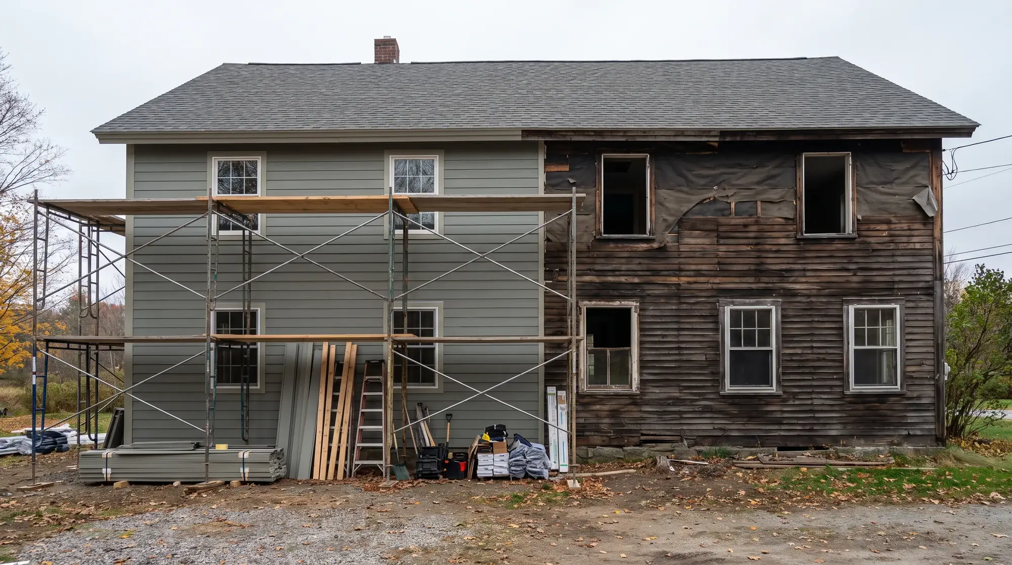 A two-story Western New York home being re-clad with new siding and trim, illustrative