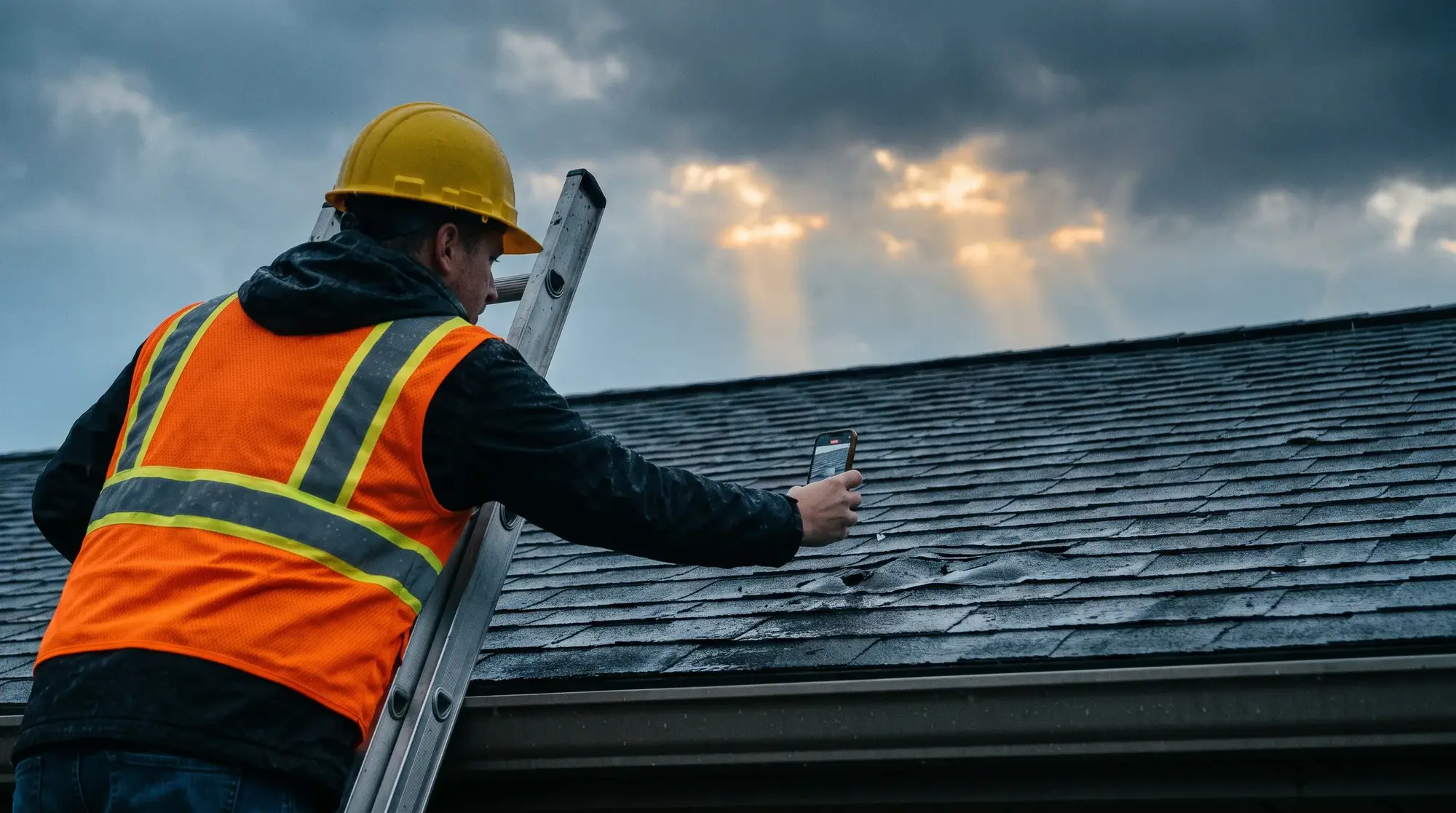 A roofer in a safety vest on a ladder photographing storm damage on an asphalt roof under a breaking storm sky, illustrative