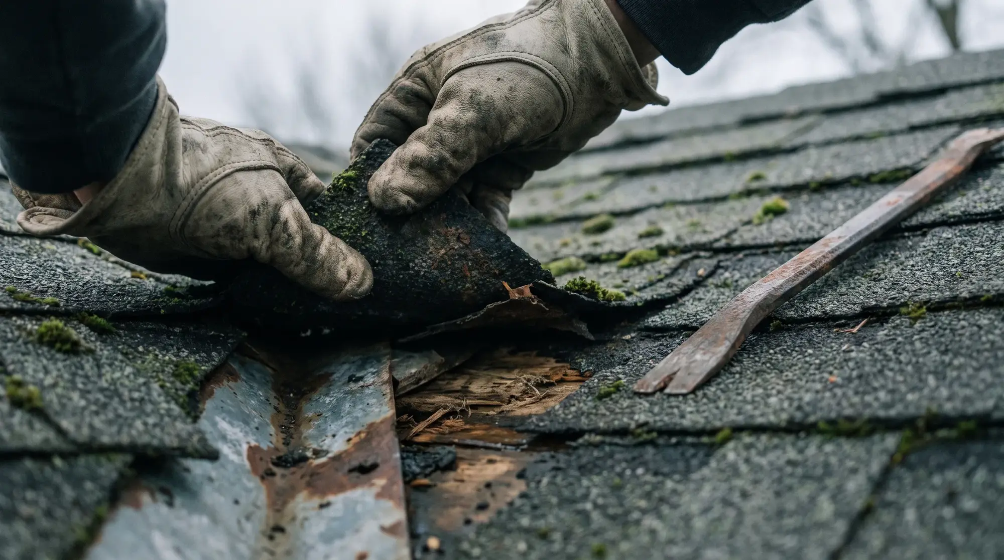 Gloved hands lifting a cracked shingle tab to expose worn flashing, illustrative of leak diagnosis