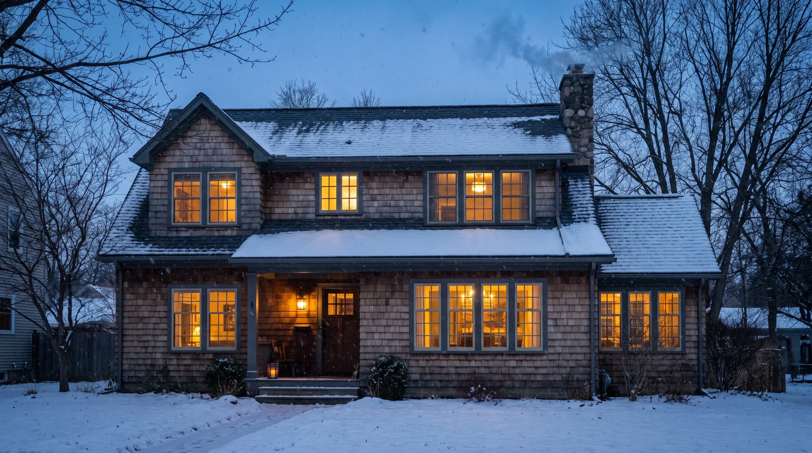 Heavy lake-effect snow settling over Western New York rooftops at dusk, illustrative